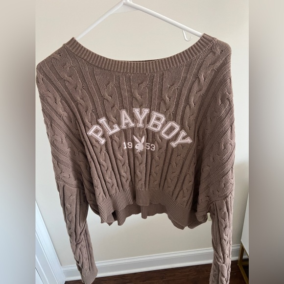 Oversized Cropped Playboy Brown Cable Knit Sweater - Picture 2 of 4